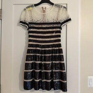 BCBGMAXAZRIA Sequin Lace Cocktail Dress Black Ivory Striped 0